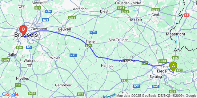 Map: Brussels Midi Train Station to Moulins-sous-Fleron