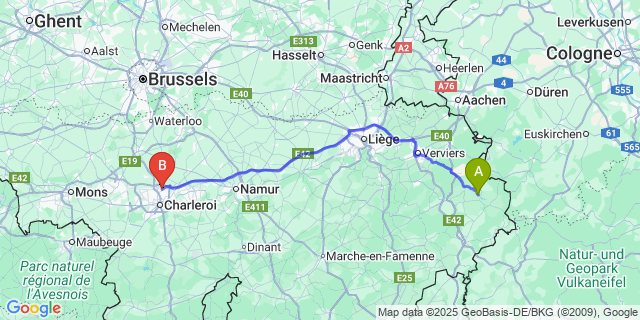 Map: Charleroi Airport Brussels South (CRL) to Nidrum