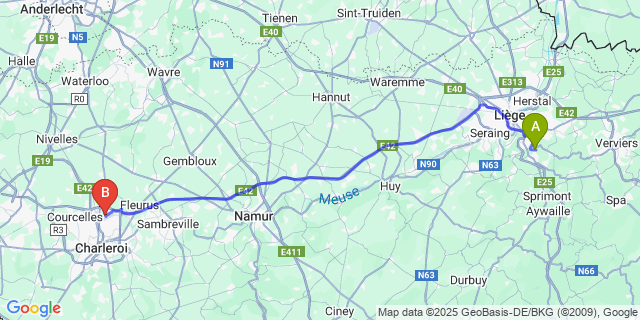 Map: Charleroi Airport Brussels South (CRL) to Ninane