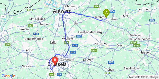 Map: Brussels Midi Train Station to Onze-Lieve-Vrouw-Olen