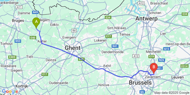 Map: Brussels Zaventem Airport (BRU) to Oostveld