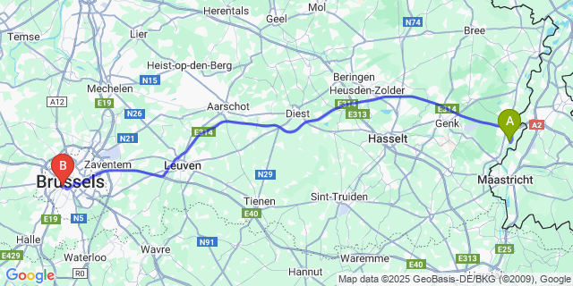 Map: Brussels Midi Train Station to Oud-Rekem