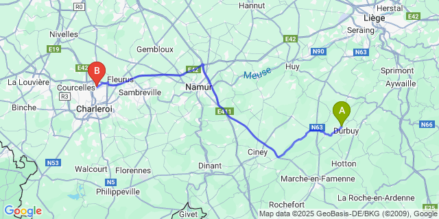 Map: Charleroi Airport Brussels South (CRL) to Palenge