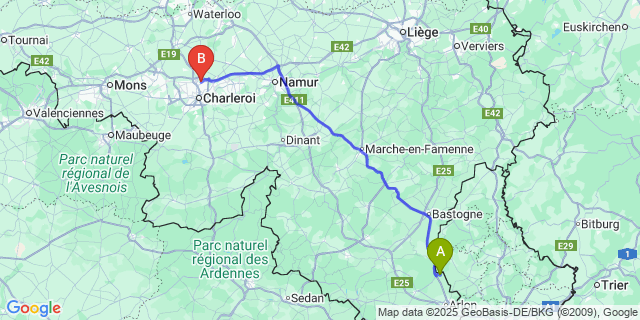 Map: Charleroi Airport Brussels South (CRL) to Parette
