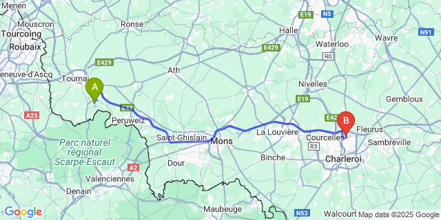 Map: Charleroi Airport Brussels South (CRL) to Peronnes-lez-Antoing