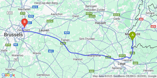 Map: Brussels Zaventem Airport (BRU) to Petit-Lanaye