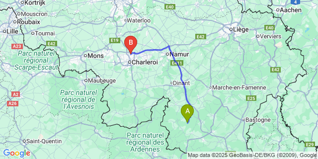 Map: Charleroi Airport Brussels South (CRL) to Porcheresse