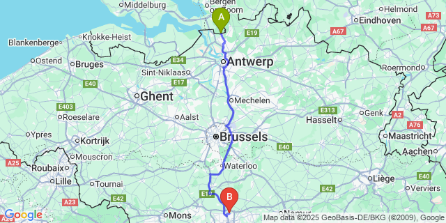 Map: Charleroi Airport Brussels South (CRL) to Putte-Kapellen