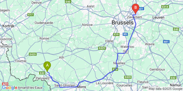 Map: Brussels Zaventem Airport (BRU) to Ramegnies