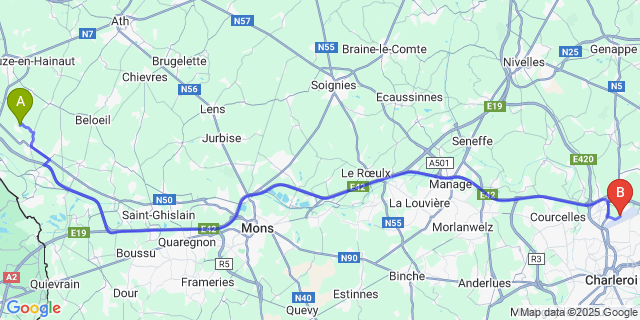 Map: Charleroi Airport Brussels South (CRL) to Ramegnies