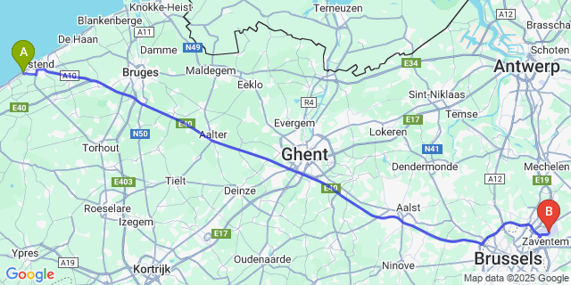 Map: Brussels Zaventem Airport (BRU) to Raversijde