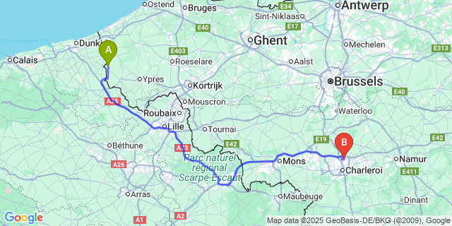 Map: Charleroi Airport Brussels South (CRL) to Roesbrugge