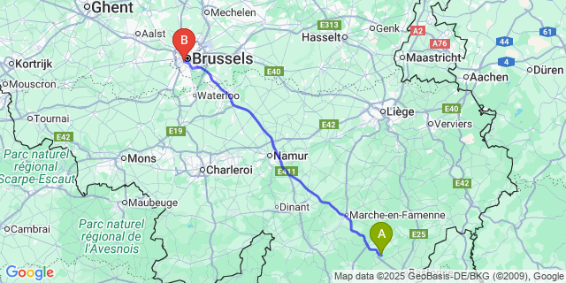Map: Brussels Midi Train Station to Roumont-sur-Ourthe