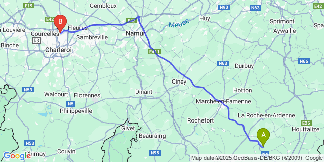 Map: Charleroi Airport Brussels South (CRL) to Roumont-sur-Ourthe