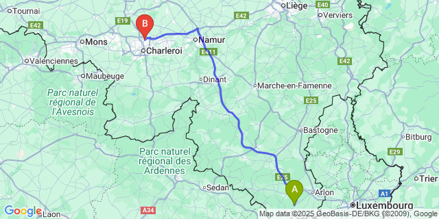 Map: Charleroi Airport Brussels South (CRL) to Saint-Leger-en-Gaume