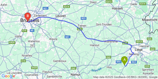 Map: Brussels Midi Train Station to Saint-Severin-en-Condroz