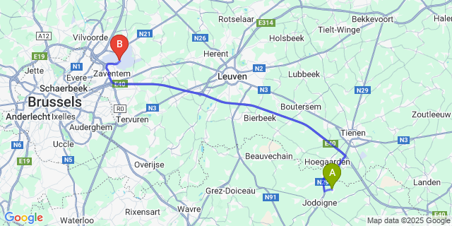 Map: Brussels Zaventem Airport (BRU) to Sainte-Marie-Geest