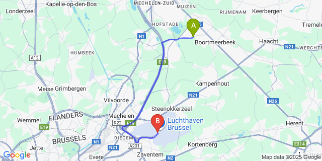 Map: Brussels Zaventem Airport (BRU) to Schiplaken