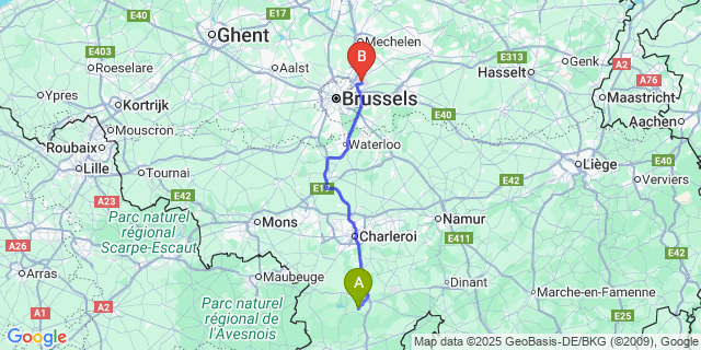 Map: Brussels Zaventem Airport (BRU) to Senzeilles