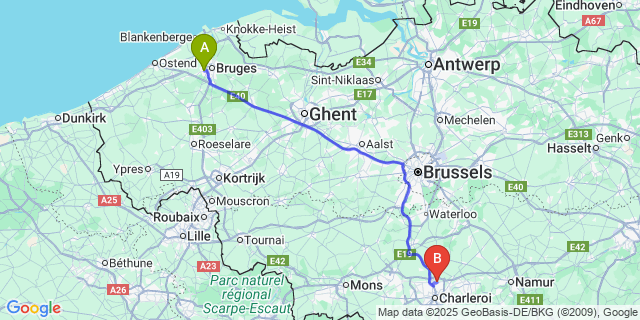 Map: Charleroi Airport Brussels South (CRL) to Sint-Andries