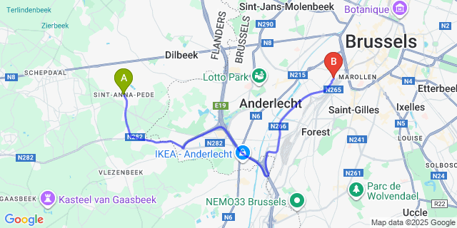 Map: Brussels Midi Train Station to Sint-Anna-Pede