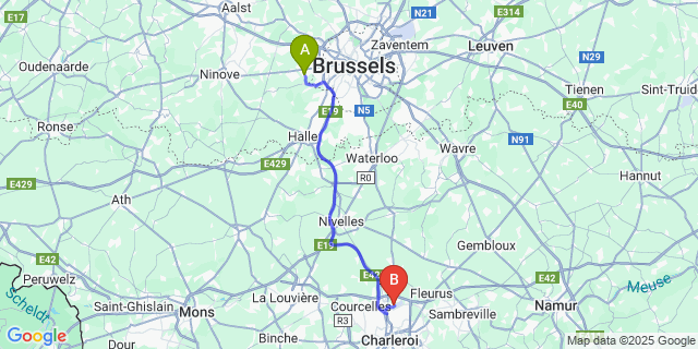 Map: Charleroi Airport Brussels South (CRL) to Sint-Anna-Pede