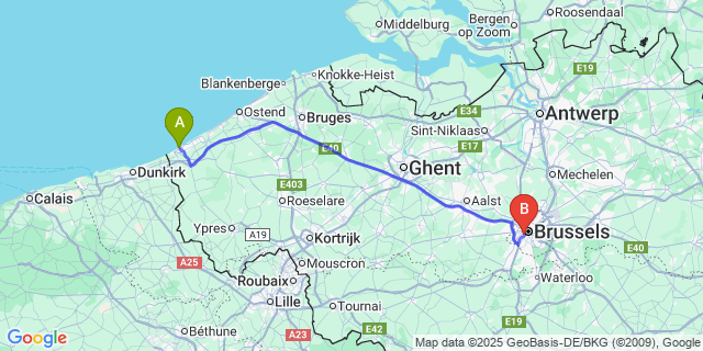 Map: Brussels Midi Train Station to Sint-Idesbald