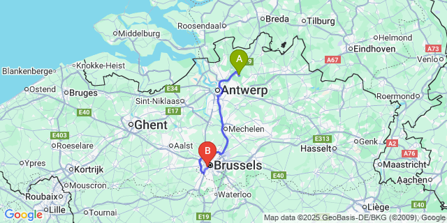 Map: Brussels Midi Train Station to Sint-Job-in-’t-Goor