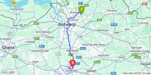 Map: Brussels Zaventem Airport (BRU) to Sint-Job-in-’t-Goor