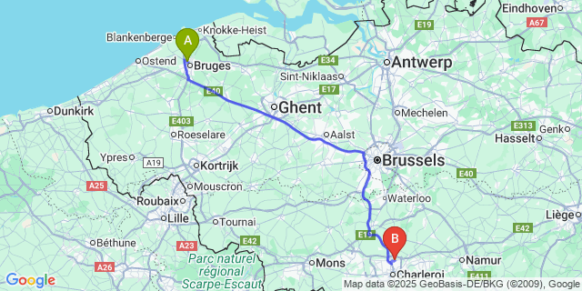 Map: Charleroi Airport Brussels South (CRL) to Sint-Pieters