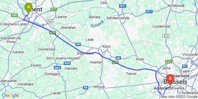 Map: Brussels Midi Train Station to Sint-Pieters-Aaigem