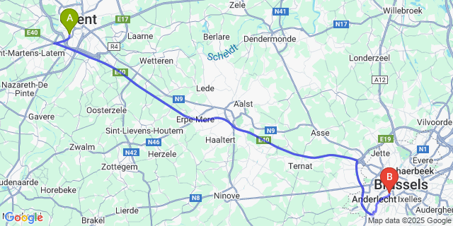 Map: Brussels Midi Train Station to Sint-Pieters-Aalst