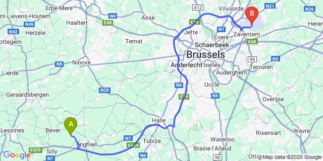 Map: Brussels Zaventem Airport (BRU) to Sint-Pieters-Kapelle