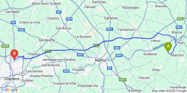 Map: Charleroi Airport Brussels South (CRL) to Solieres