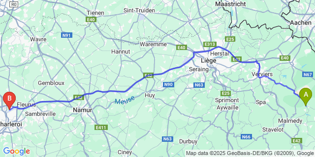 Map: Charleroi Airport Brussels South (CRL) to Sourbrodt