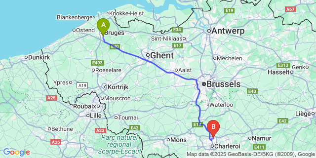 Map: Charleroi Airport Brussels South (CRL) to Steenbrugge