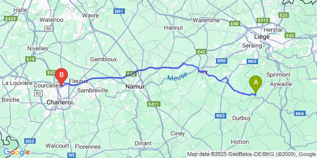 Map: Charleroi Airport Brussels South (CRL) to Tabreux