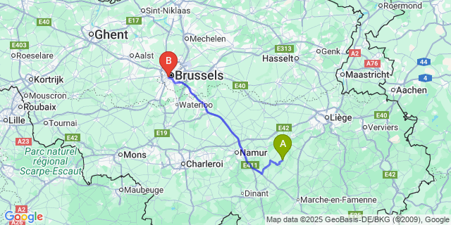 Map: Brussels Midi Train Station to Tahier