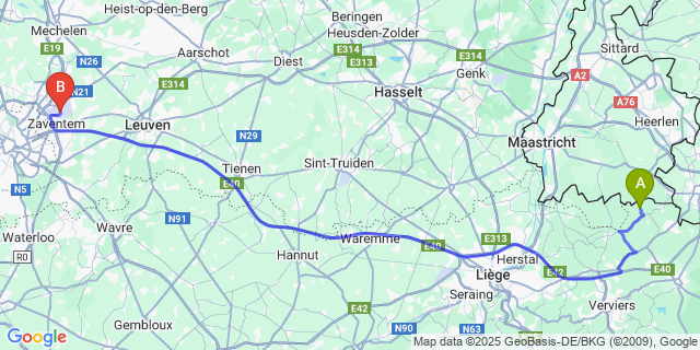 Map: Brussels Zaventem Airport (BRU) to Terhaegen