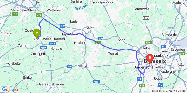 Map: Brussels Midi Train Station to Terstraeten