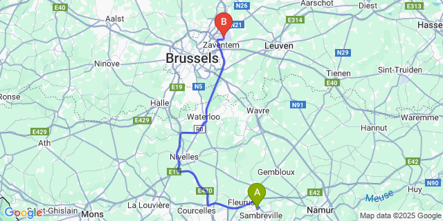 Map: Brussels Zaventem Airport (BRU) to Velaine-sur-Sambre