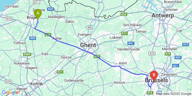 Map: Brussels Midi Train Station to Ver-Assebroek