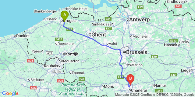 Map: Charleroi Airport Brussels South (CRL) to Ver-Assebroek