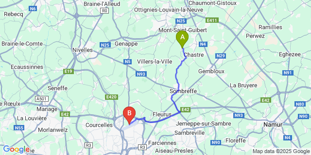 Map: Charleroi Airport Brussels South (CRL) to Villeroux