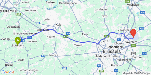 Map: Brussels Zaventem Airport (BRU) to Vloerzegem