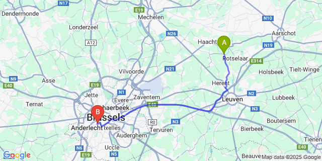 Map: Brussels Midi Train Station to Wakkerzeel