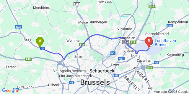 Map: Brussels Zaventem Airport (BRU) to Walfergem