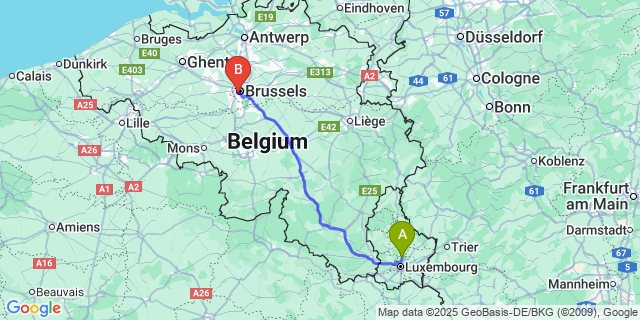 Map: Brussels Midi Train Station to Waltzing