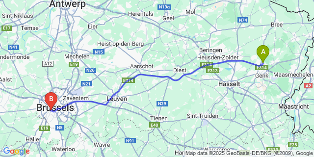 Map: Brussels Midi Train Station to Waterschei