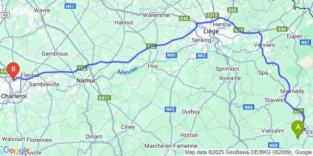 Map: Charleroi Airport Brussels South (CRL) to Weisten
